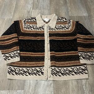 Vintage Tan and Brown Patterned Button-Up Sweater 90s Grunge